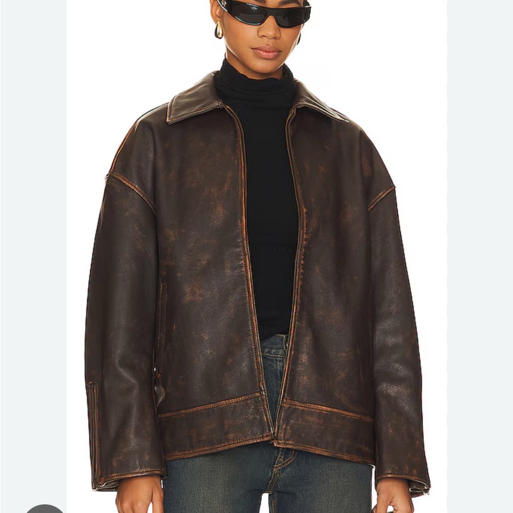 GRLFRND Distressed Brown Leather Zip Jacket